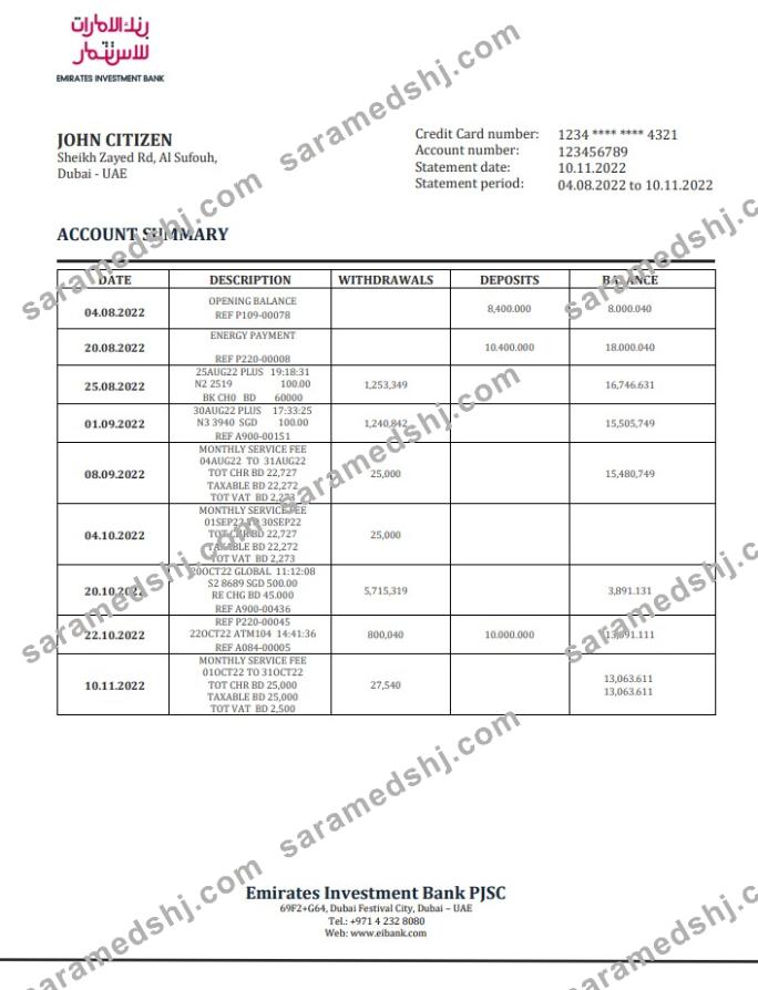 UAE Investment Bank statement